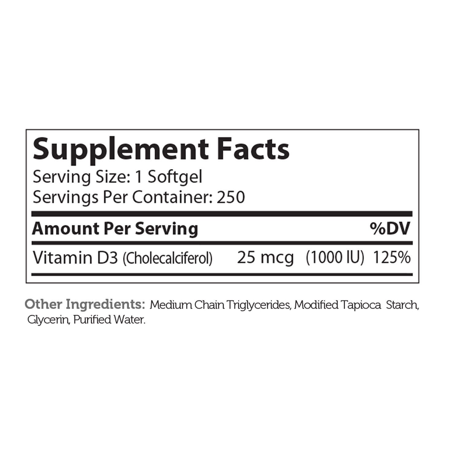 Vitamin D3 1000 IU - 250 Softgels (250 Servings)